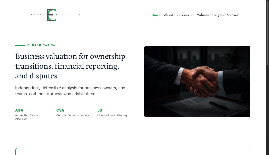 Homepage of the Eubank Capital business valuation website built by BAP Marketing